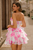 Robe de cocktail corset sans bretelles florale rose avec paillettes