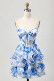 Blanc Bleu Floral A-ligne Sans Bretelle Sans Volants Découpe Robe de Retrouvailles avec Noeud