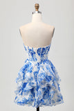 Blanc Bleu Floral A-ligne Sans Bretelle Sans Volants Découpe Robe de Retrouvailles avec Noeud