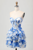 Blanc Bleu Floral A-ligne Sans Bretelle Sans Volants Découpe Robe de Retrouvailles avec Noeud
