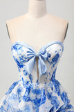 Blanc Bleu Floral A-ligne Sans Bretelle Sans Volants Découpe Robe de Retrouvailles avec Noeud