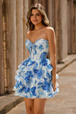 Blanc Bleu Floral Sans Bretelles Une Ligne Corset Découpé Robe de cocktail Avec Noeud