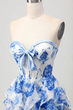 Blanc Bleu Floral A-ligne Sans Bretelle Sans Volants Découpe Robe de Retrouvailles avec Noeud