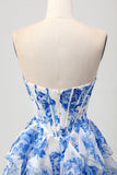 Blanc Bleu Floral A-ligne Sans Bretelle Sans Volants Découpe Robe de Retrouvailles avec Noeud