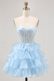Robe de bal corset sans bretelles bleu à sequins à plusieurs niveaux