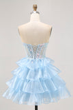 Robe de bal corset sans bretelles bleu à sequins à plusieurs niveaux