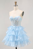 Robe de bal corset sans bretelles bleu à sequins à plusieurs niveaux