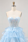 Robe de bal corset sans bretelles bleu à sequins à plusieurs niveaux