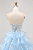 Robe de bal corset sans bretelles bleu à sequins à plusieurs niveaux
