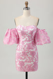 Robe de cocktail bustier florale texturée rose avec manches bouffantes