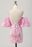 Robe de cocktail bustier florale texturée rose avec manches bouffantes