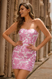 Robe de cocktail bustier florale texturée rose avec manches bouffantes