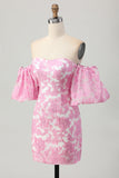 Robe de soirée courte à fleurs roses à épaules dénudées avec manches amovibles