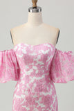 Robe de soirée courte à fleurs roses à épaules dénudées avec manches amovibles