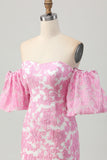 Robe de soirée courte à fleurs roses à épaules dénudées avec manches amovibles