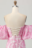 Robe de soirée courte à fleurs roses à épaules dénudées avec manches amovibles