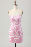 Robe de soirée courte à fleurs roses à épaules dénudées avec manches amovibles
