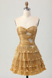 Robe de cocktail plissée plissée dorée métallisée
