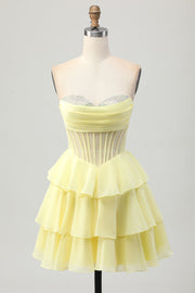 Robe de retour à la maison corset sans bretelles jaune sans bretelles avec perles