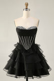 Corset sans bretelles noir à plusieurs niveaux Robe de cocktail avec perles