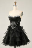 Corset sans bretelles noir à plusieurs niveaux Robe de cocktail avec perles