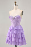 Bustier violet à plusieurs niveaux Corset Une ligne courte Robe De Cocktail