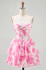 Corset trapèze sans bretelles à plusieurs niveaux Robe courte à fleurs fuchsia pour les retrouvailles