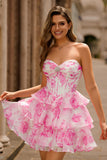 Robe de cocktail bustier trapèze corset à fleurs fuchsia
