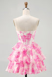 Corset trapèze sans bretelles à plusieurs niveaux Robe courte à fleurs fuchsia pour les retrouvailles