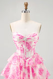 Corset trapèze sans bretelles à plusieurs niveaux Robe courte à fleurs fuchsia pour les retrouvailles