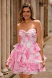Robe de cocktail bustier trapèze corset à fleurs fuchsia