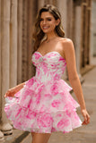 Robe de cocktail bustier trapèze corset à fleurs fuchsia