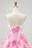 Corset trapèze sans bretelles à plusieurs niveaux Robe courte à fleurs fuchsia pour les retrouvailles