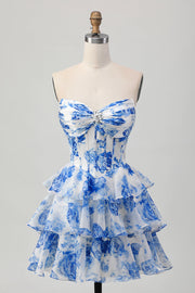 Blanc Bleu Floral A-ligne Sweetheart Corset Robe courte de retour à la maison à plusieurs niveaux