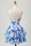Blanc Bleu Floral A-ligne Sweetheart Corset Robe courte de retour à la maison à plusieurs niveaux