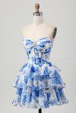 Blanc Bleu Floral A-ligne Sweetheart Corset Robe courte de retour à la maison à plusieurs niveaux