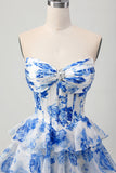 Blanc Bleu Floral A-ligne Sweetheart Corset Robe courte de retour à la maison à plusieurs niveaux