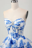 Blanc Bleu Floral A-ligne Sweetheart Corset Robe courte de retour à la maison à plusieurs niveaux