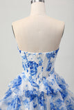 Blanc Bleu Floral A-ligne Sweetheart Corset Robe courte de retour à la maison à plusieurs niveaux