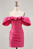 Satin Épaule Dénudée Fuchsia Robe De Cocktail moulante à volants