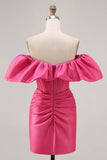Satin Épaule Dénudée Fuchsia Robe De Cocktail moulante à volants