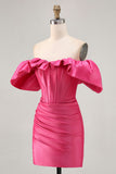 Satin Épaule Dénudée Fuchsia Robe De Cocktail moulante à volants
