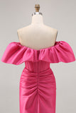 Satin Épaule Dénudée Fuchsia Robe De Cocktail moulante à volants