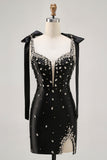 Robe de cocktail noire serrée scintillante avec fente