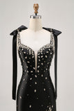 Robe de cocktail noire serrée scintillante avec fente