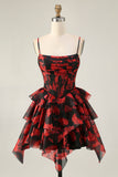 Noir Rouge Une ligne Corset col bénitier Robe de cocktail à plusieurs niveaux