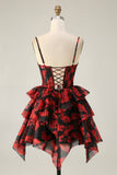 Noir Rouge Une ligne Corset col bénitier Robe de cocktail à plusieurs niveaux