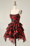 Noir Rouge Une ligne Corset col bénitier Robe de cocktail à plusieurs niveaux