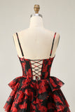 Noir Rouge Une ligne Corset col bénitier Robe de cocktail à plusieurs niveaux