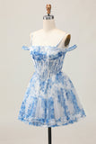 Robe de bal perlée imprimée à épaules dénudées blanc bleu fleur trapèze